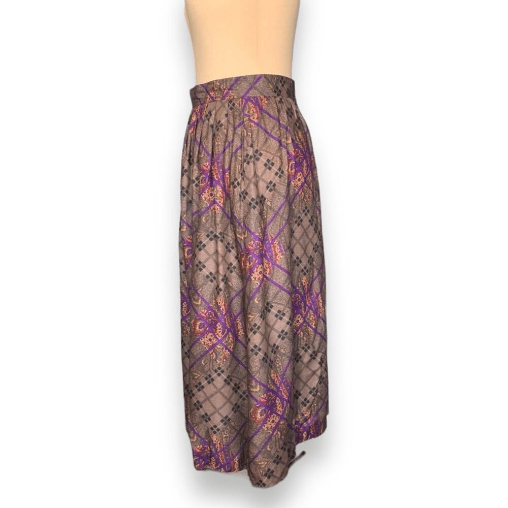 Vintage 90s Flowing Midi Skirt Taupe Purple Paisley Lattice Plaid Print Romantic - Picture 3 of 10